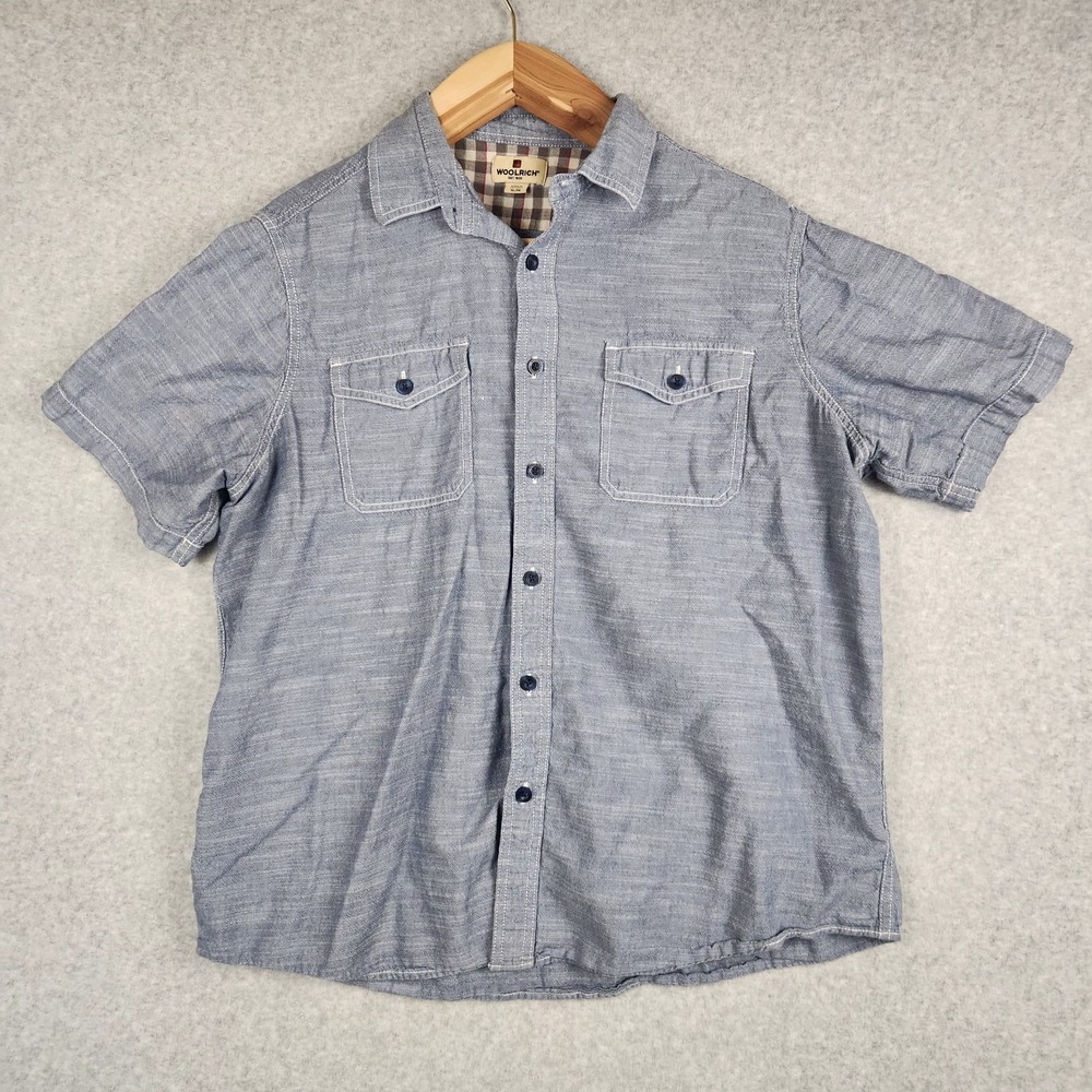 Woolrich Shirt Mens XL Blue Chambray Button Up Short Sleeve 100% Cotton Pockets